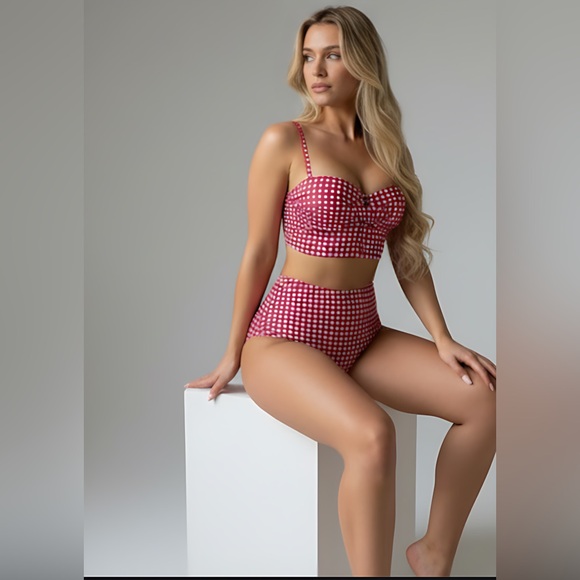 Gingham Twist Push Up Bra & High Waisted Bottom Bikini Red/Wht - Picture 3 of 6